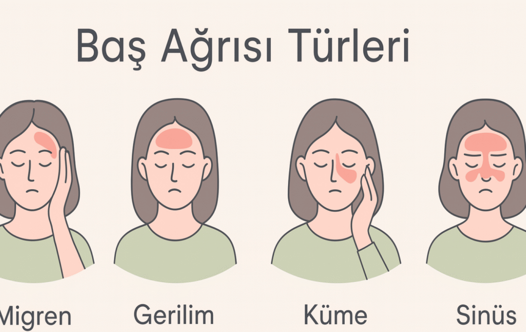 Baş ağrı tiplerine göre ağrının nerede olduğunu belirten ilüstrasyon. Migren, Gerilim Tipi Baş Ağrısı, Küme Tipi Baş Ağrısı ve Sinüzit Ağrısı Resmedilmiştir.
